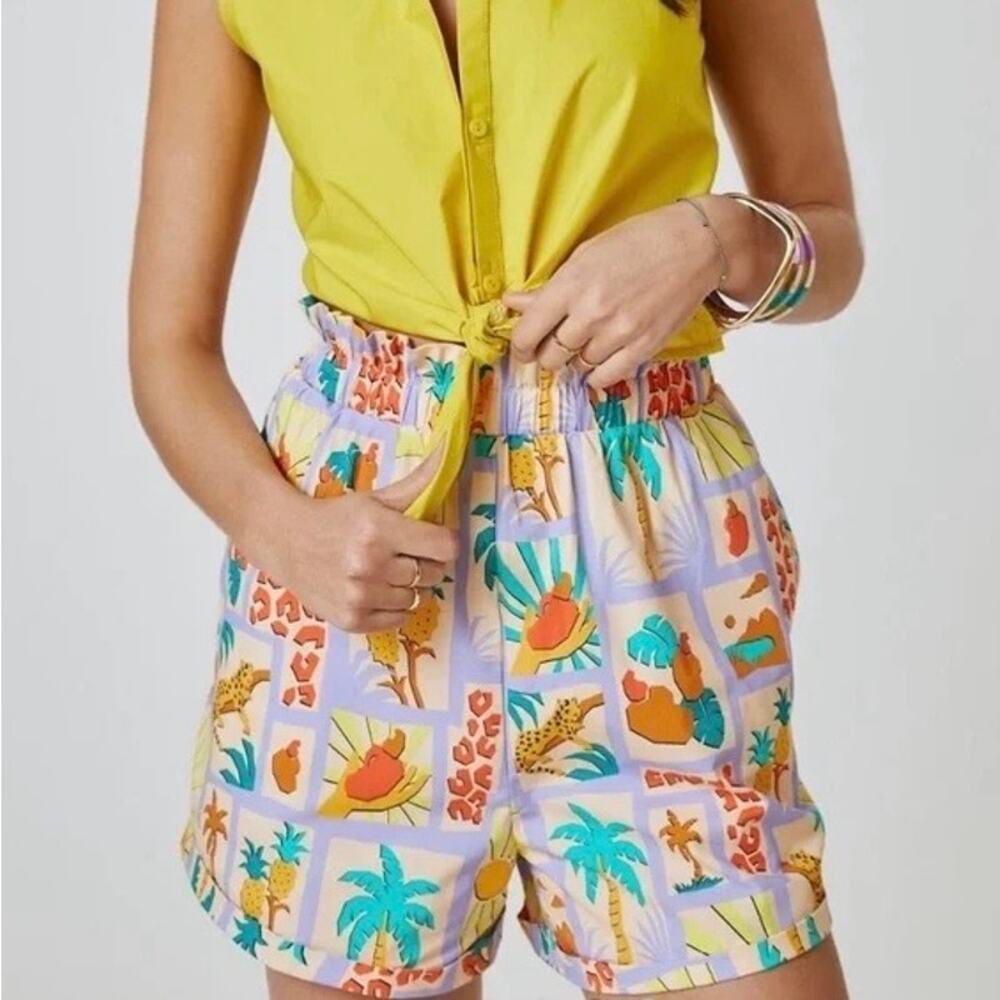 FARM RIO ANTHROPOLOGIE Patch Print Short Womens Medium Purple Peach Pull On - Picture 2 of 16